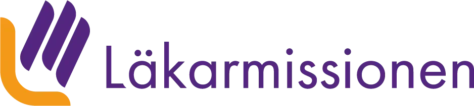 Logo of Lakarmissionen, a humanitarian organization, featuring a stylized purple hand and orange curved line with the organization's name in purple text.