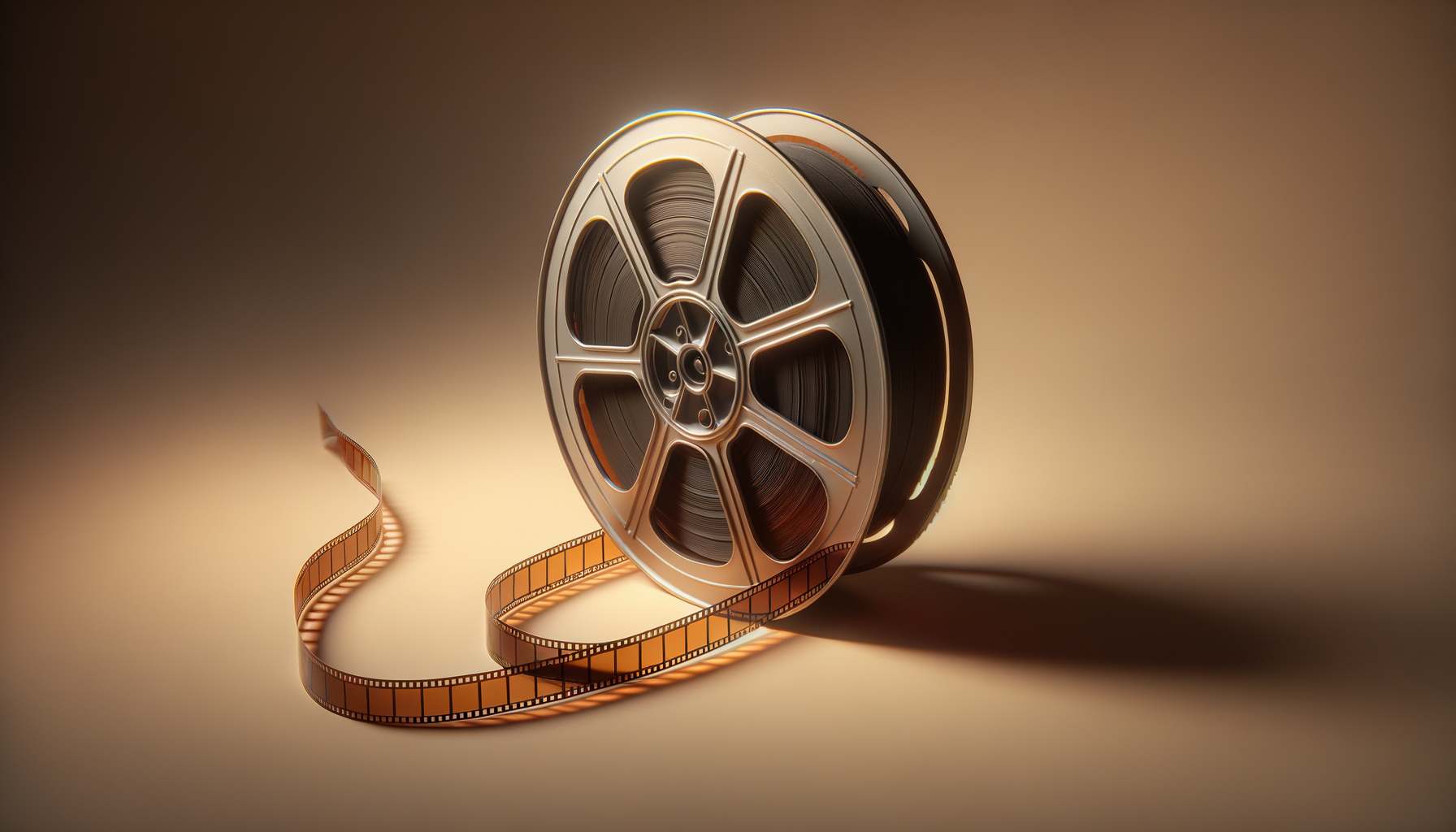 A film reel with a strip of film extending from it, positioned on a beige background with soft lighting.