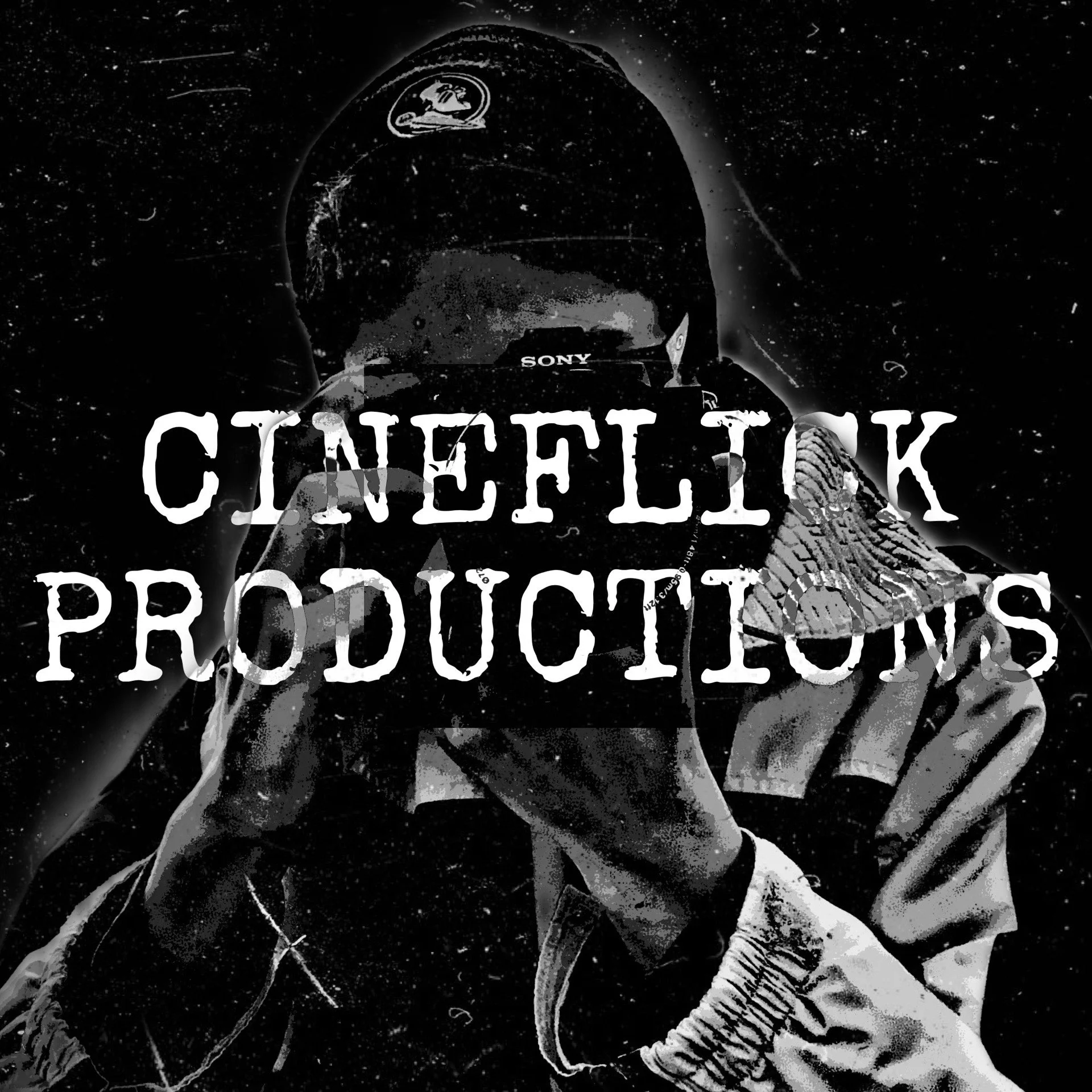 A person wearing a NASA cap and a jacket with a hood, taking a mirror selfie in a space-themed setting with stars in the background. The text overlay says 'CINEFLIK PRODUCTIONS' in large, distressed font.