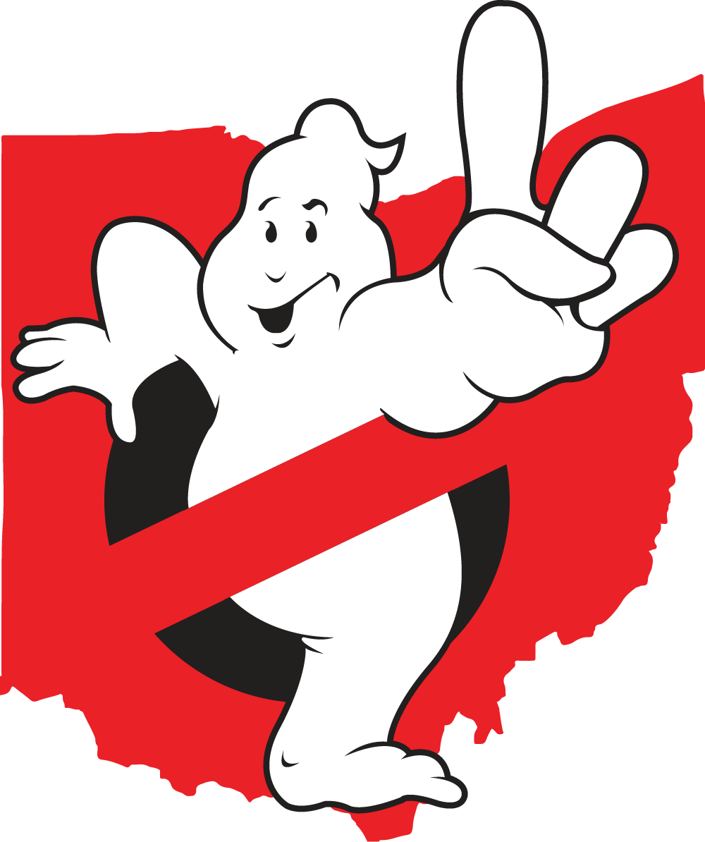 Logo of the Columbus Ghostbusters, raising its pointer finger in a "number one" gesture