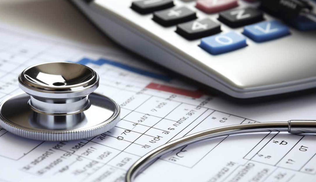 Stethoscope on a medical chart, calculator, and a pen