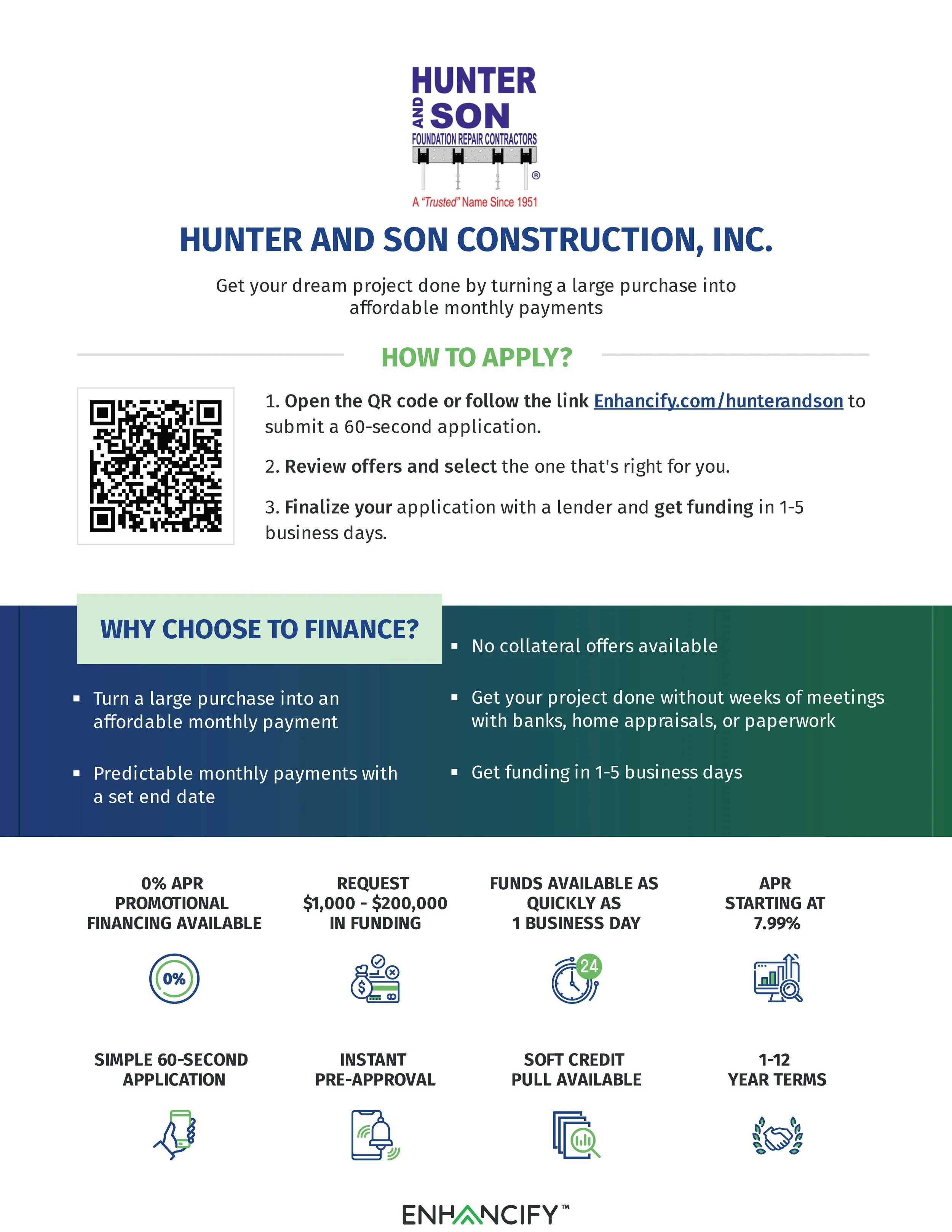 A flyer for Hunter and Son Construction offering financing options for projects, including QR code, application process details, and benefits like quick funding and flexible repayment terms.