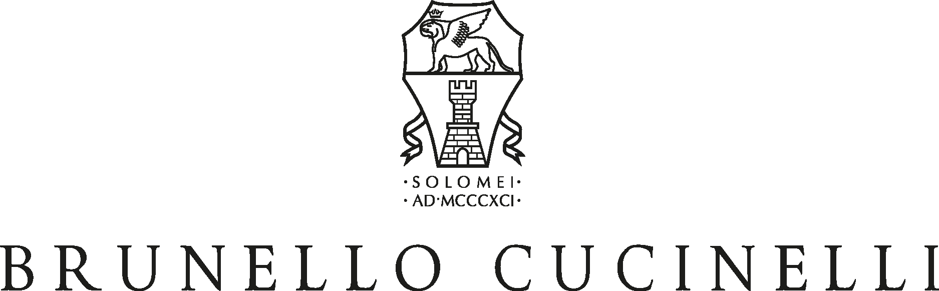Brunello Cucinelli logo with crest featuring a lion and tower, and the text 'Solomei AD.MCCCXCI Brunello Cucinelli'