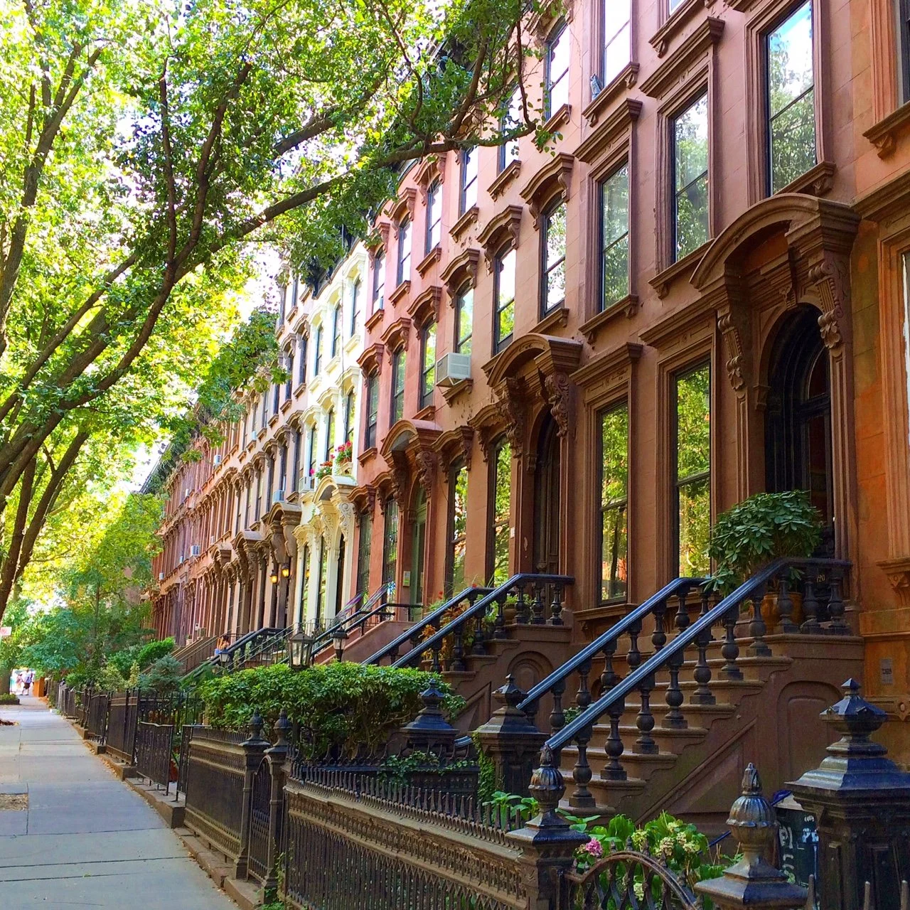 Brownstone row houses with front stairs and iron fences in a tree-lined neighborhood.