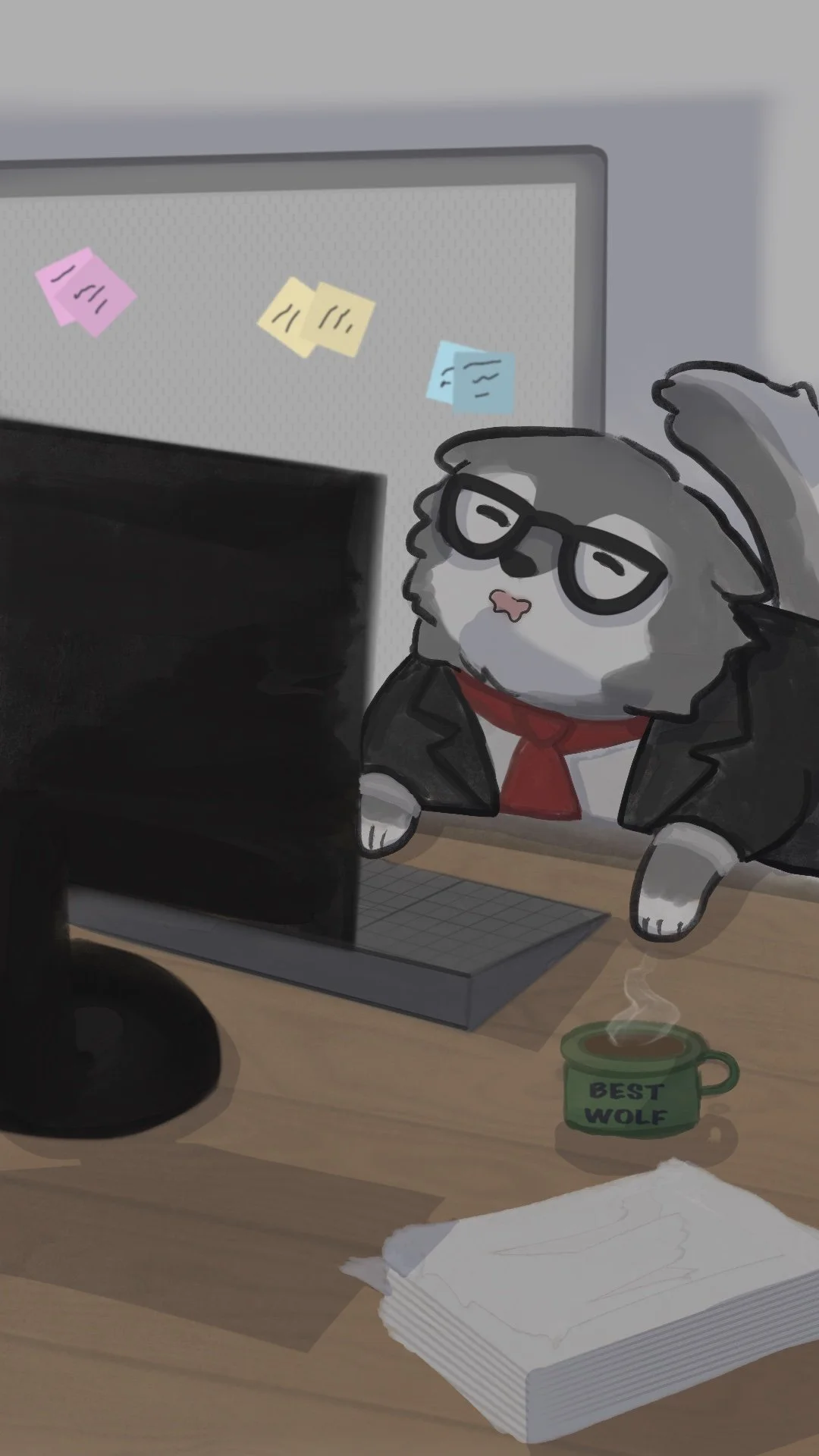 Animated wolf character wearing glasses, a black jacket, and a red tie, sitting at a desk with a computer, a cup of coffee labeled 'Best Wolf,' and papers.