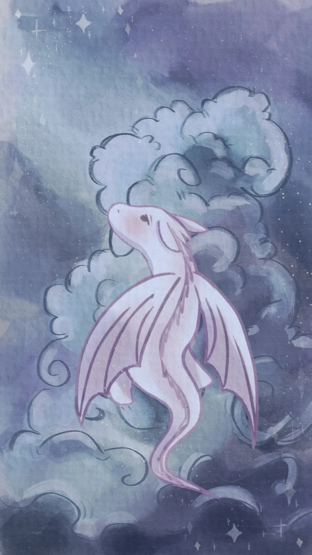 A pink and purple illustrated dragon, floating in a starry, cloudy, blue-purple sky.