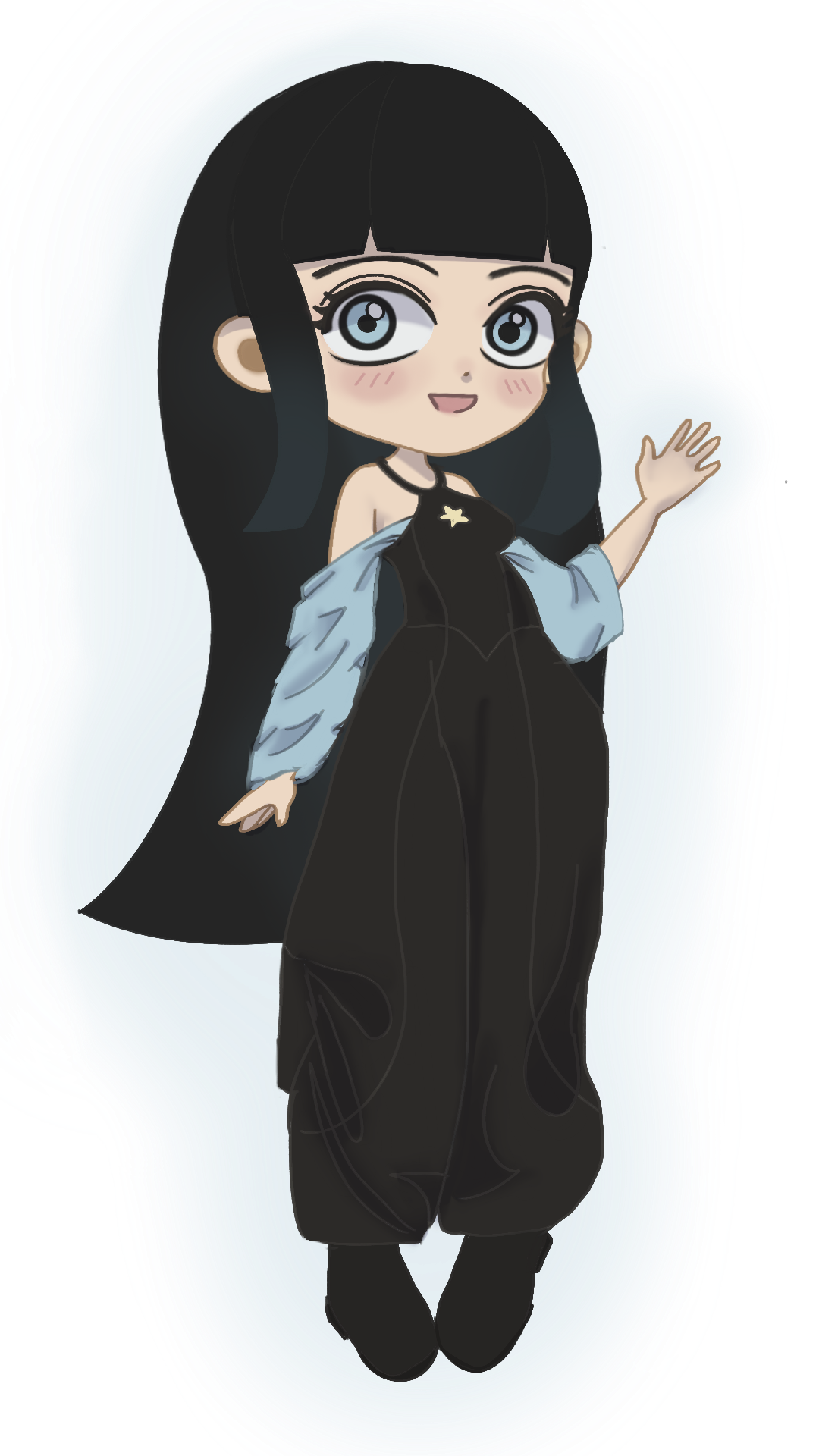 Cartoon girl with black hair and blue eyes, wearing a black and light blue jumpsuit, standing and waving.