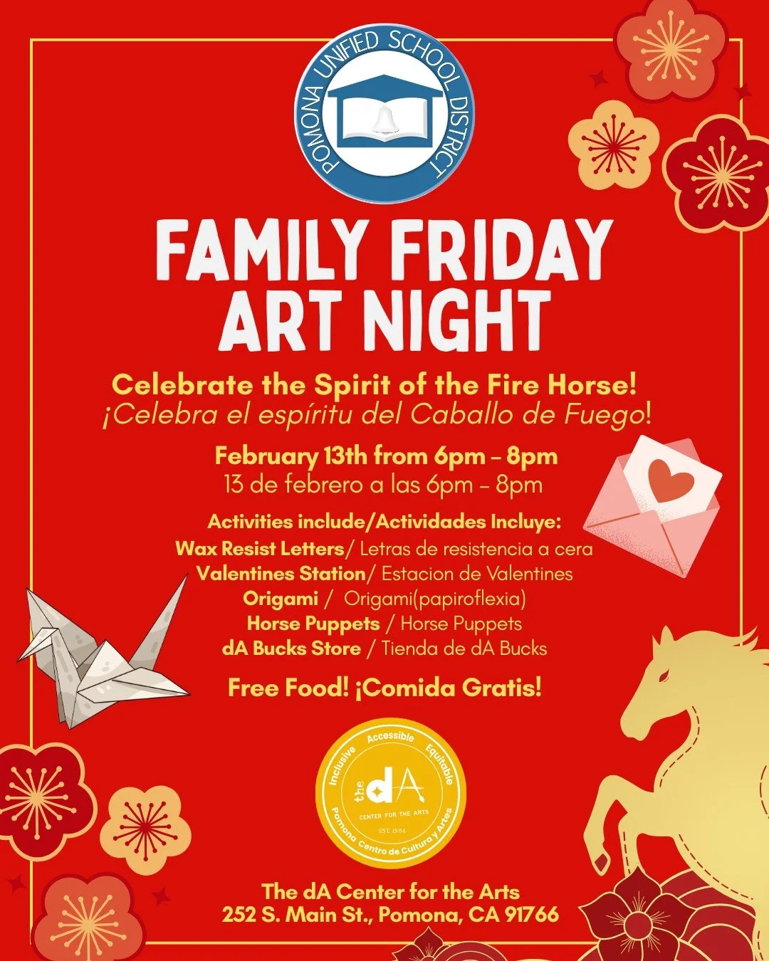 CALLING PUSD FAMILIES! 🎉
Join us for our Family Friday Art Night at The dA Center for The Arts!
🗓️February 13, 2026
⏰ 6pm-8pm
📍 The dA Center for the Arts, 252 S. Main St.D, Pomona, CA 91766
🎉Open and free for all PUSD Families
✨Register at dacen
