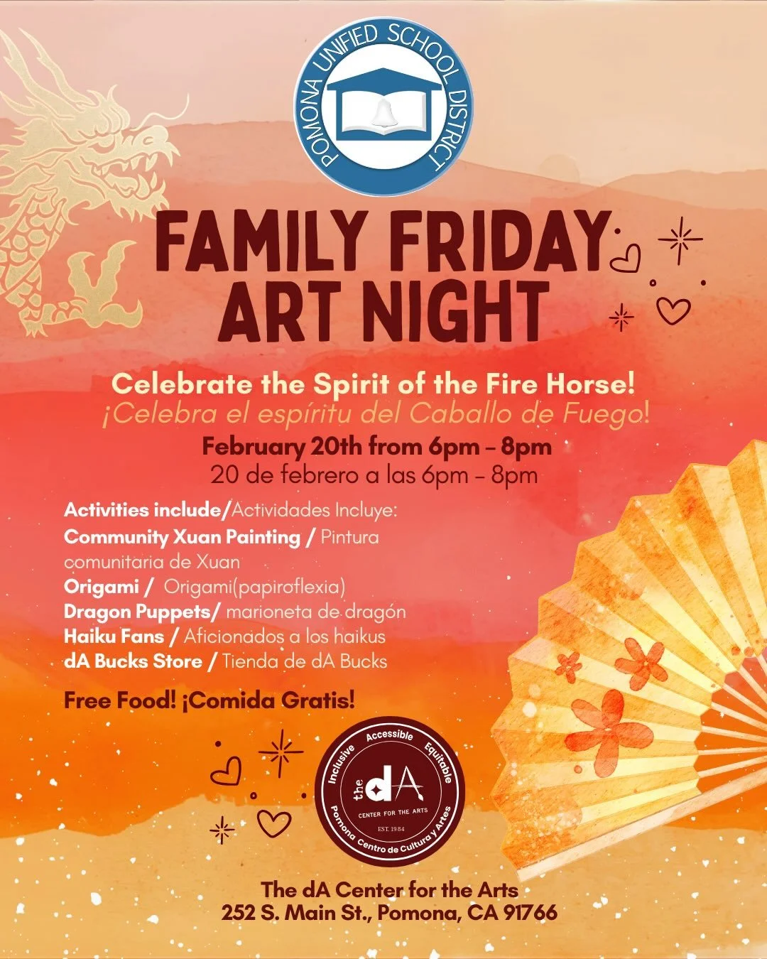 CALLING PUSD FAMILIES! 🎉
Join us for our Family Friday Art Night at The dA Center for The Arts!
🗓️February 20, 2026
⏰ 6pm-8pm
📍 The dA Center for the Arts, 252 S. Main St.D, Pomona, CA 91766
🎉Open and free for all PUSD Families
✨Register at dacen