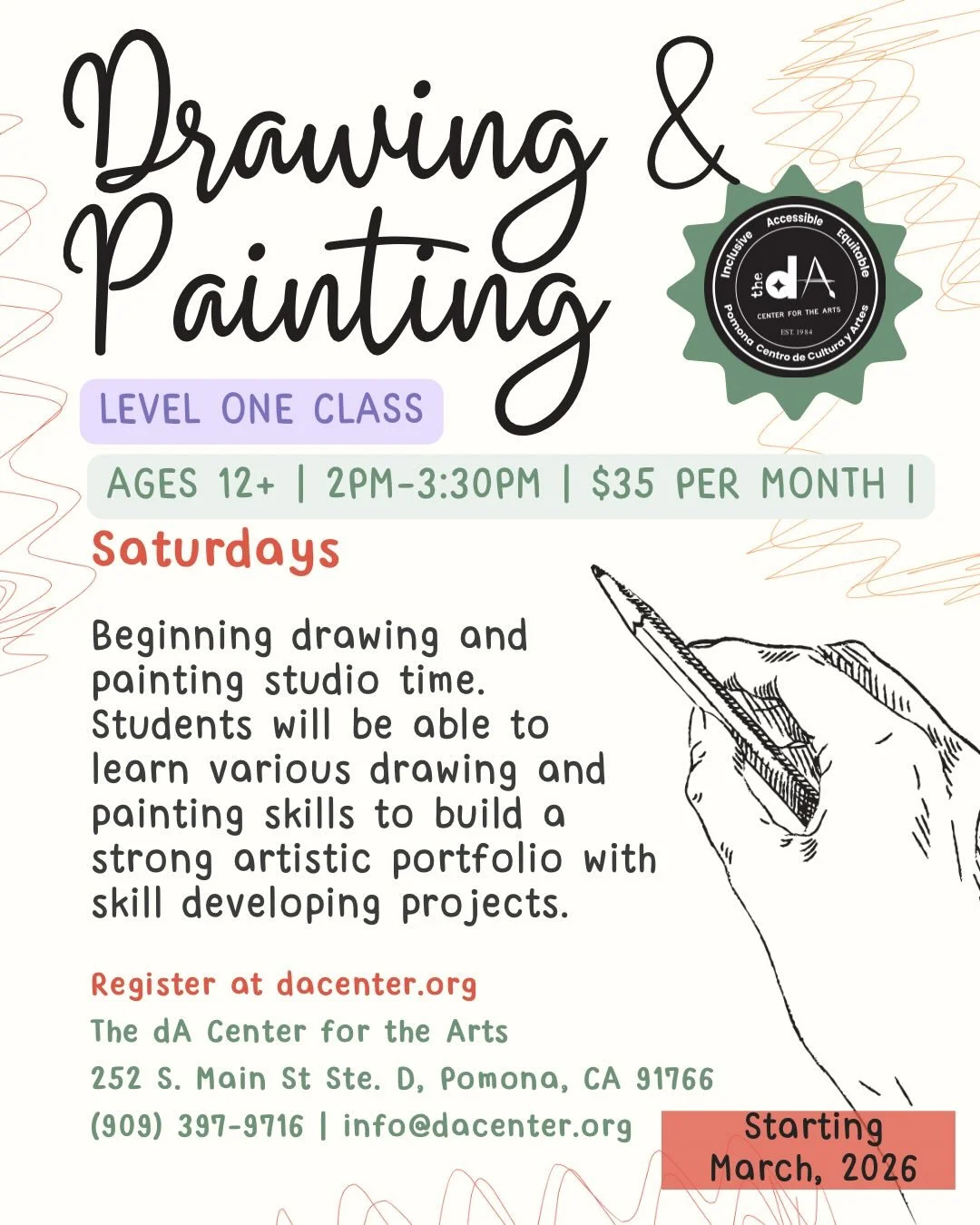 ‼️ NEW CLASS‼️ 
Level One Drawing and Painting Class
Ages 12+ / 2PM-3:30PM / $35 per month 
🔹Register at dacenter.org