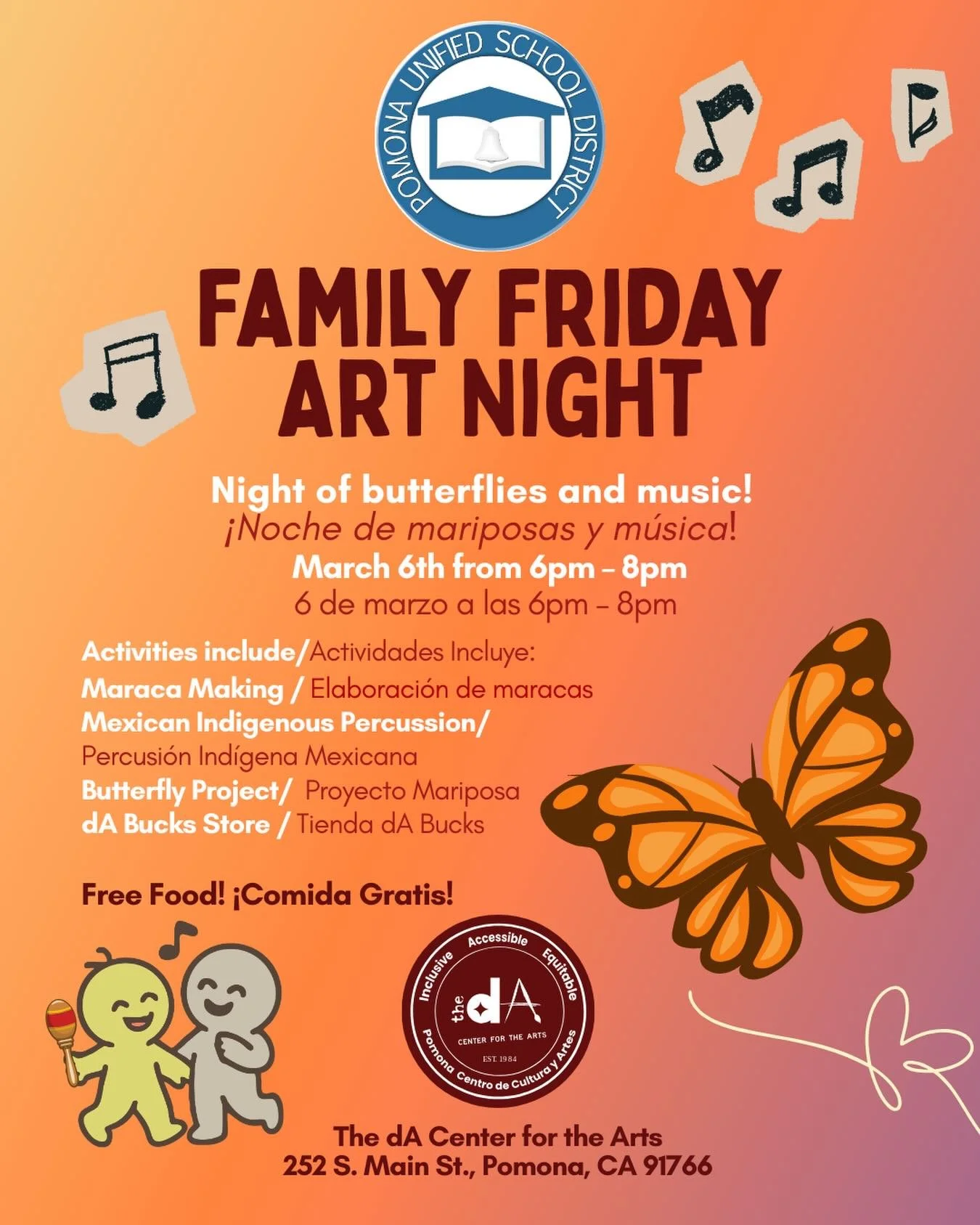 CALLING PUSD FAMILIES! 🎉
Join us for our Family Friday Art Night at The dA Center for The Arts!
🗓️March 6th, 2026
⏰ 6pm-8pm
📍 The dA Center for the Arts, 252 S. Main St.D, Pomona, CA 91766
🎉Open and free for all PUSD Families
✨Register at dacente