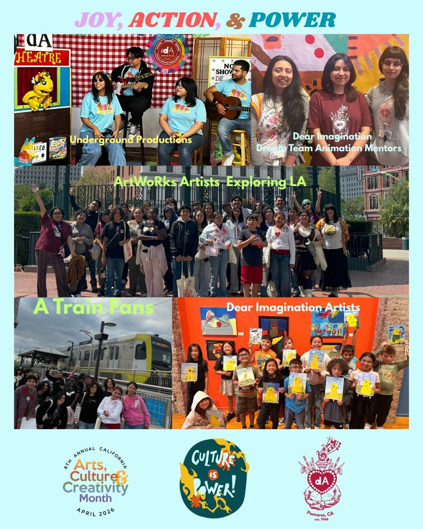 Day 2/30 - Celebrating Arts, Culture, and Creativity Month today @ The dA

Today at The dA and on the road 
ArTsWoRk students had an adventure day ! They learned how to take the A Train to LA !!!
Dear Imagination Dream Team Animators made herstory in