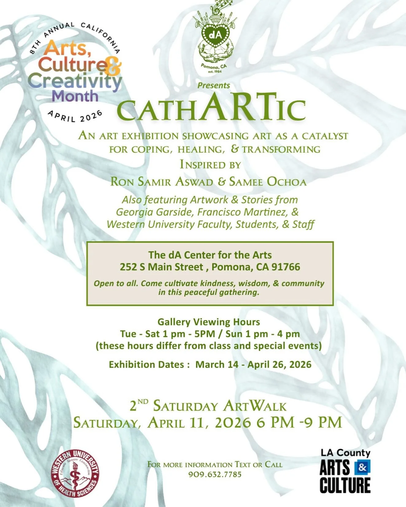 5/30 posts - CA Arts, Culture, &amp; Creativity Month 

We are open today, Sunday, April 4th, 1PM - 4 PM to view the exhibition CathARTic : 

Throughout time, The dA has proved to be an artful and supportive sanctuary where  art and artists, music an