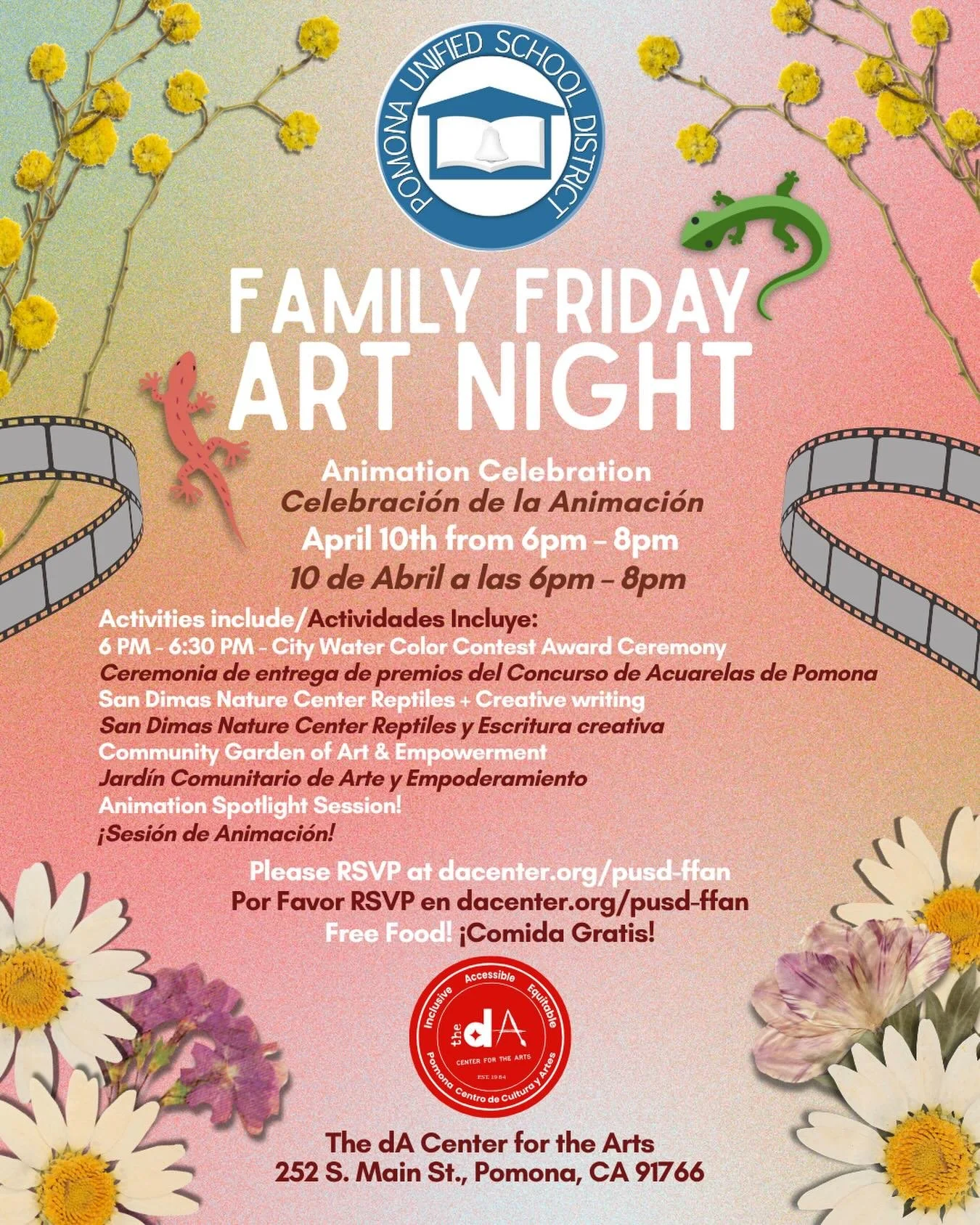 CALLING PUSD FAMILIES! 🎉
Join us for our Family Friday Art Night at The dA Center for The Arts!
🗓️April 10th, 2026
⏰ 6pm-8pm
📍 The dA Center for the Arts, 252 S. Main St.D, Pomona, CA 91766
🎉Open and free for all PUSD Families
✨Register at dacent