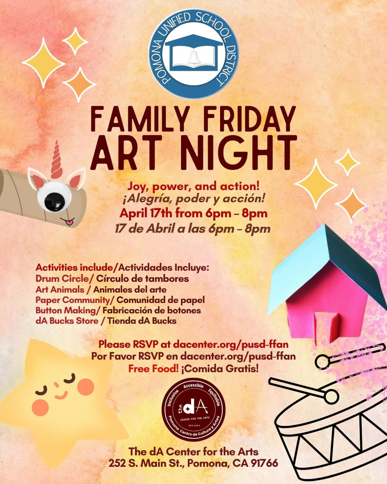 CALLING PUSD FAMILIES! 🎉
Join us for our Family Friday Art Night at The dA Center for The Arts!
🗓️April 17th, 2026
⏰ 6pm-8pm
📍 The dA Center for the Arts, 252 S. Main St.D, Pomona, CA 91766
🎉Open and free for all PUSD Families
✨Register at dacent