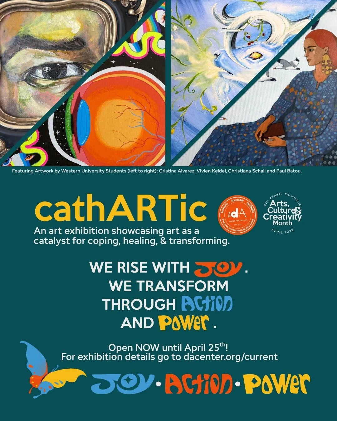 Celebrating Arts, Culture, and Creativity here at the dA!

cathARTic: An art exhibition showcasing art as a catalyst for coping, healing, &amp; transforming.

This exhibition is open until April 25th!

Please refer to our scheduled exhibition hours b