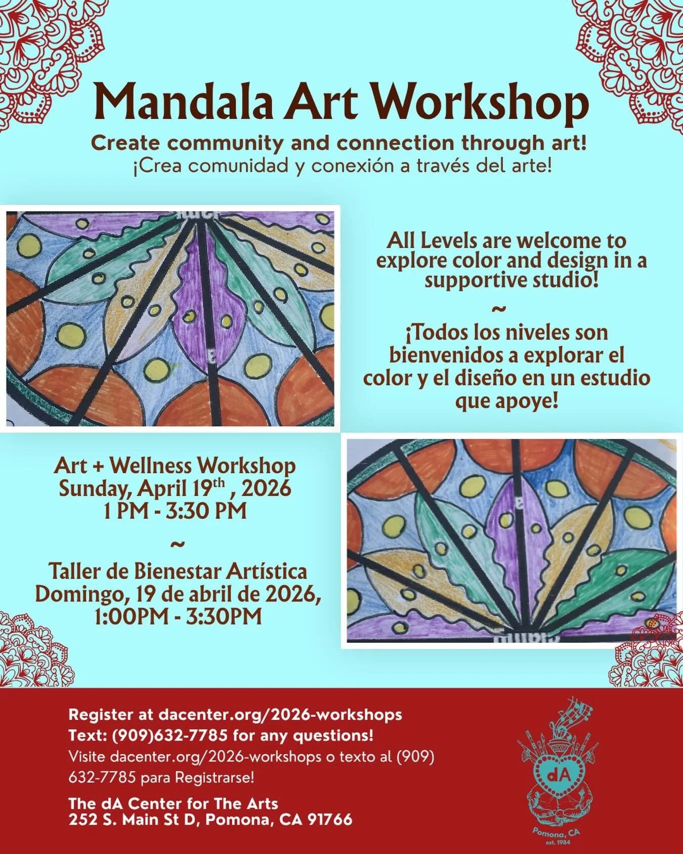 CALLING ALL AGES AND ABILITIES!!!
Looking for a time of creating and community?
Join us for our Sunday Workshops! We have one coming up THIS Sunday!
Visit our link in our bio or dacenter.org to register! 

-Mandala April 19th, 2026

AGES- All Ages (A