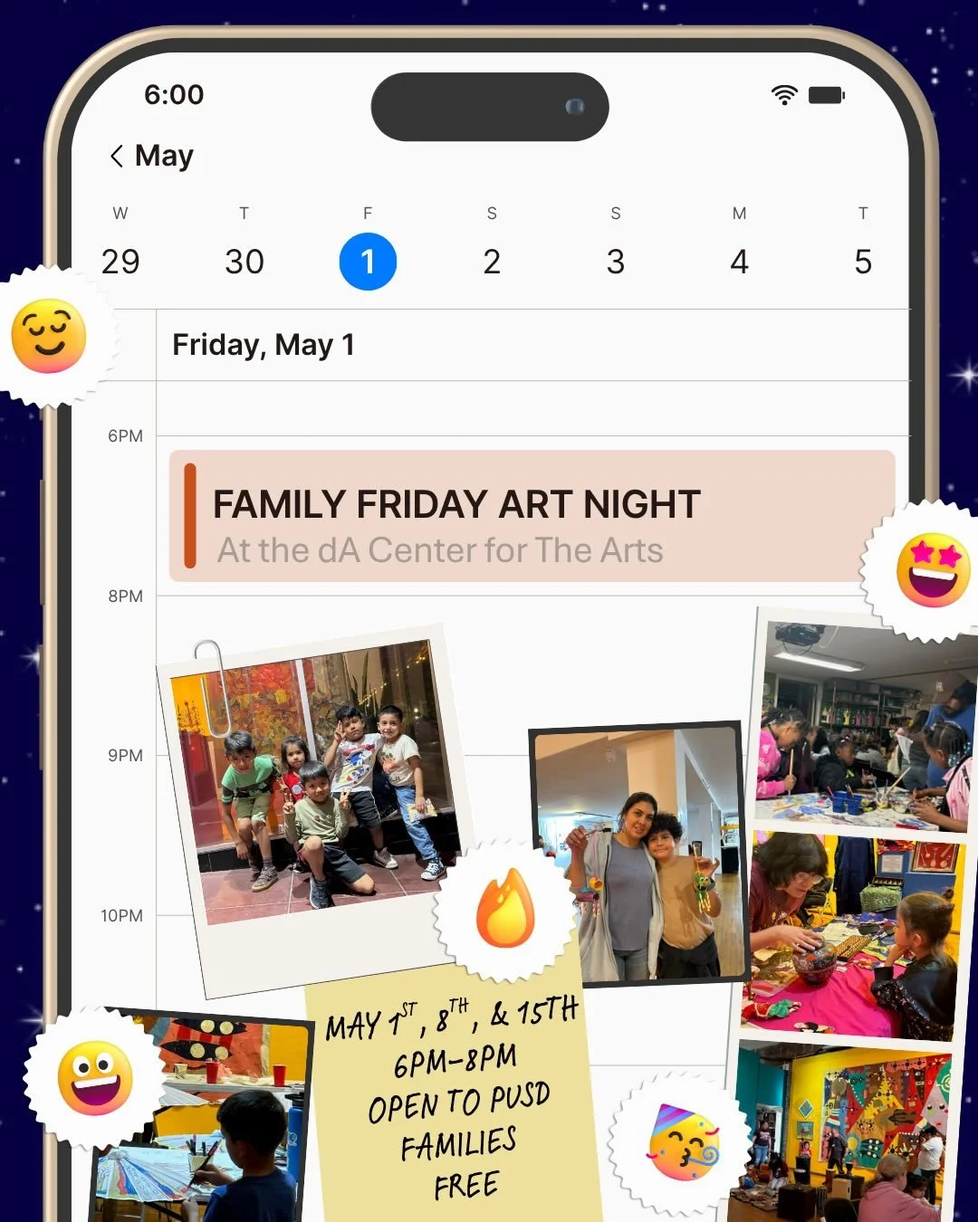 CALLING PUSD FAMILIES! 🎉
Join us for our Family Friday Art Night at The dA Center for The Arts!
🗓️May 1st, 2026
⏰ 6pm-8pm
📍 The dA Center for the Arts, 252 S. Main St.D, Pomona, CA 91766
🎉Open and free for all PUSD Families
✨Register at dacenter.