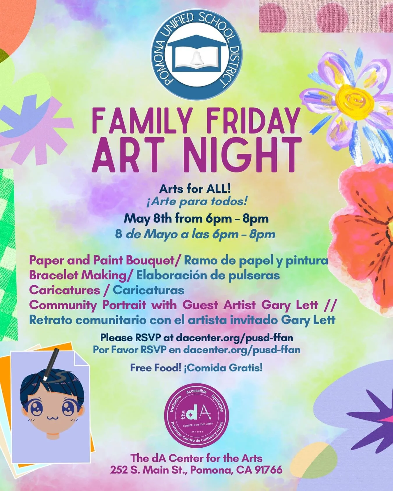 CALLING PUSD FAMILIES! 🎉
Join us for our Family Friday Art Night at The dA Center for The Arts!
🗓️May 8th, 2026
⏰ 6pm-8pm
📍 The dA Center for the Arts, 252 S. Main St.D, Pomona, CA 91766
🎉Open and free for all PUSD Families
✨Register at dacenter.