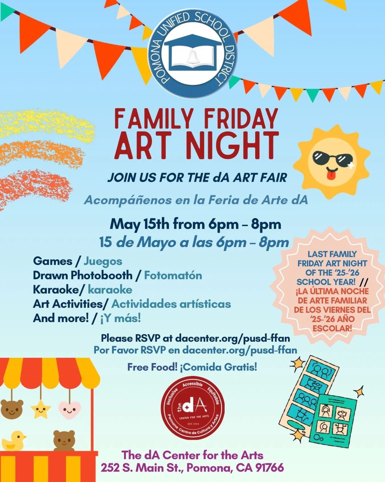 CALLING PUSD FAMILIES! 🎉
Join us for our Family Friday Art Night at The dA Center for The Arts!
🗓️May 15th, 2026
⏰ 6pm-8pm
📍 The dA Center for the Arts, 252 S. Main St.D, Pomona, CA 91766
🎉Open and free for all PUSD Families
✨Register at dacenter