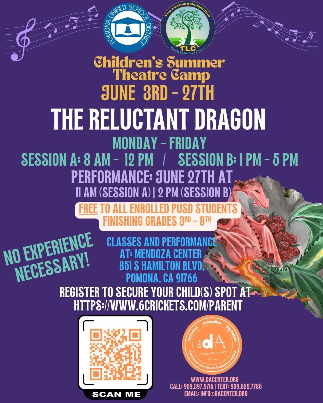 🎭Calling all PUSD families 🎭
Pomona Unified School District and The dA Center for the Arts will be providing a FREE Children&rsquo;s Theatre Summer Camp during the month of June! It is open to all ENROLLED PUSD students finishing grades 3rd-8th. Th