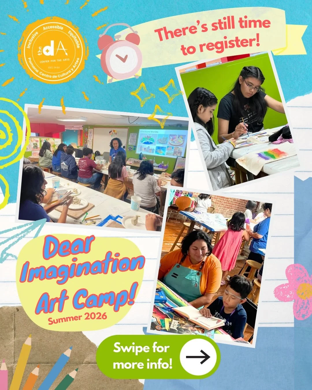 ‼️THERE&rsquo;S STILL TIME TO REGISTER ‼️Are you looking for creative summer fun for your child(ren)?
Register for our Summer Dear Imagination &lsquo;26 Art Camp at The dA Center for the Arts!
Dates: July 6th - 23rd, Mondays to Thursdays 
time: 9AM -