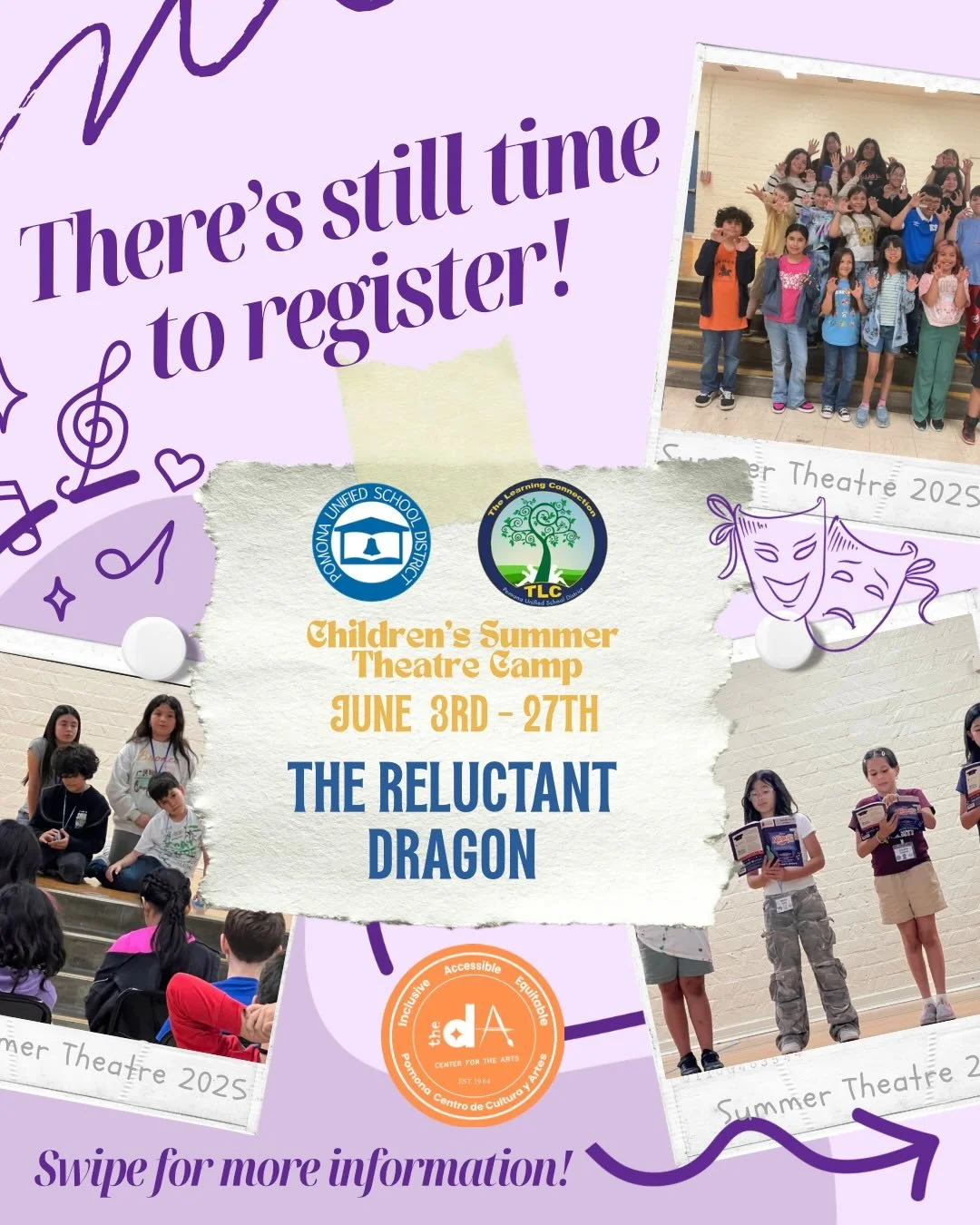 🎭Calling all PUSD families 🎭
Pomona Unified School District and The dA Center for the Arts will be providing a FREE Children&rsquo;s Theatre Summer Camp during the month of June! It is open to all ENROLLED PUSD students finishing grades 3rd-8th. Th