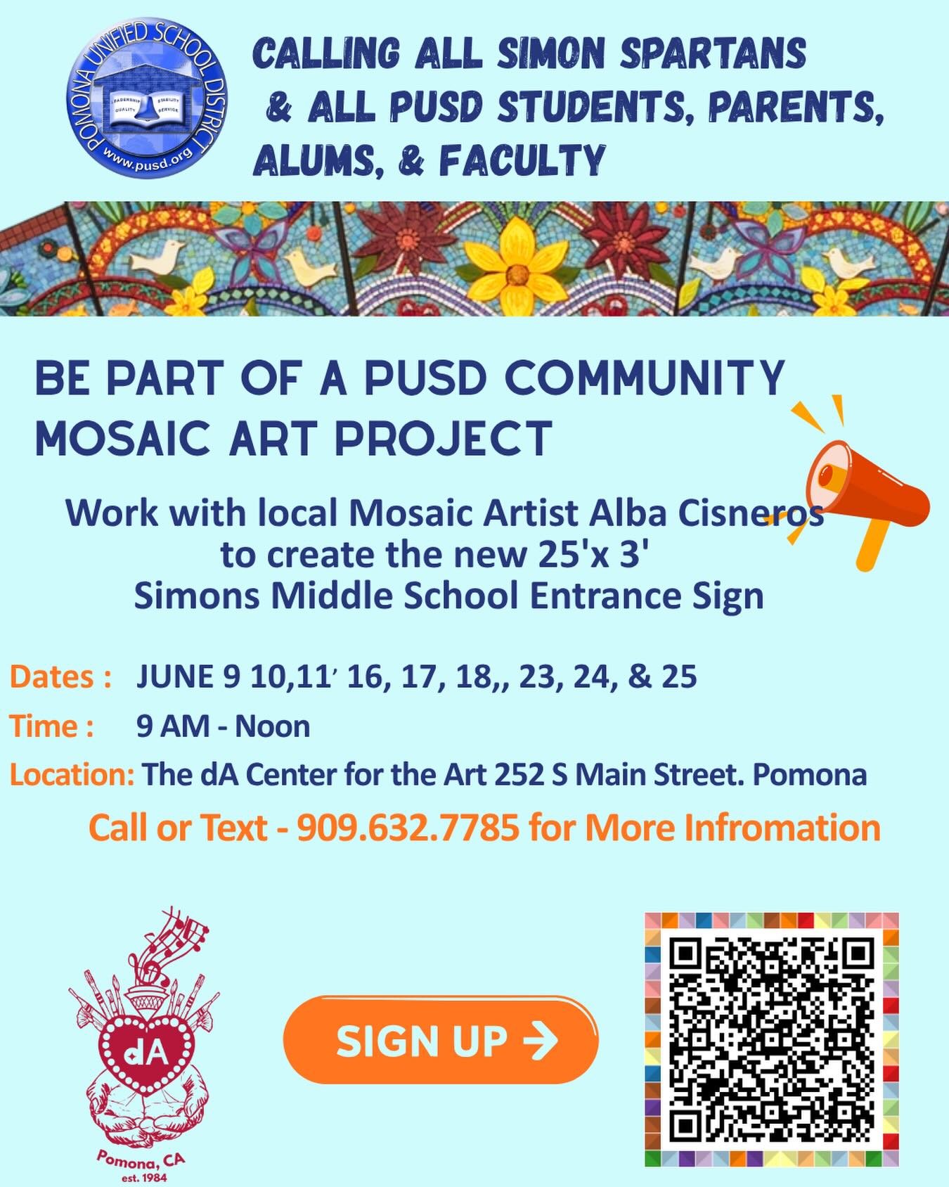 Students in the PUSD school district, ages 13 and up, who would like to be part of a large mosaic artwork for the new Simons High School entrance sign can sign up for this limited-capacity opportunity. Work with local mosaic artist Alba Cisneros and 