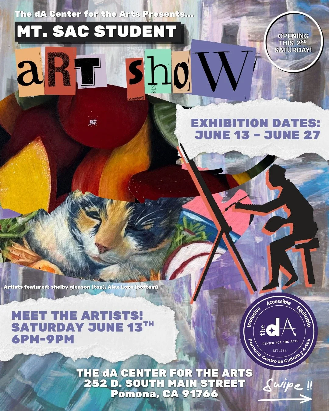 This upcoming ArtWalk visit our MT. SAC Art Show! 

The dA, a community-rooted cultural arts center in Pomona that connects education, exhibition, exploration, and everyday life, is elated to present works of art from our neighboring MT SAC Students 