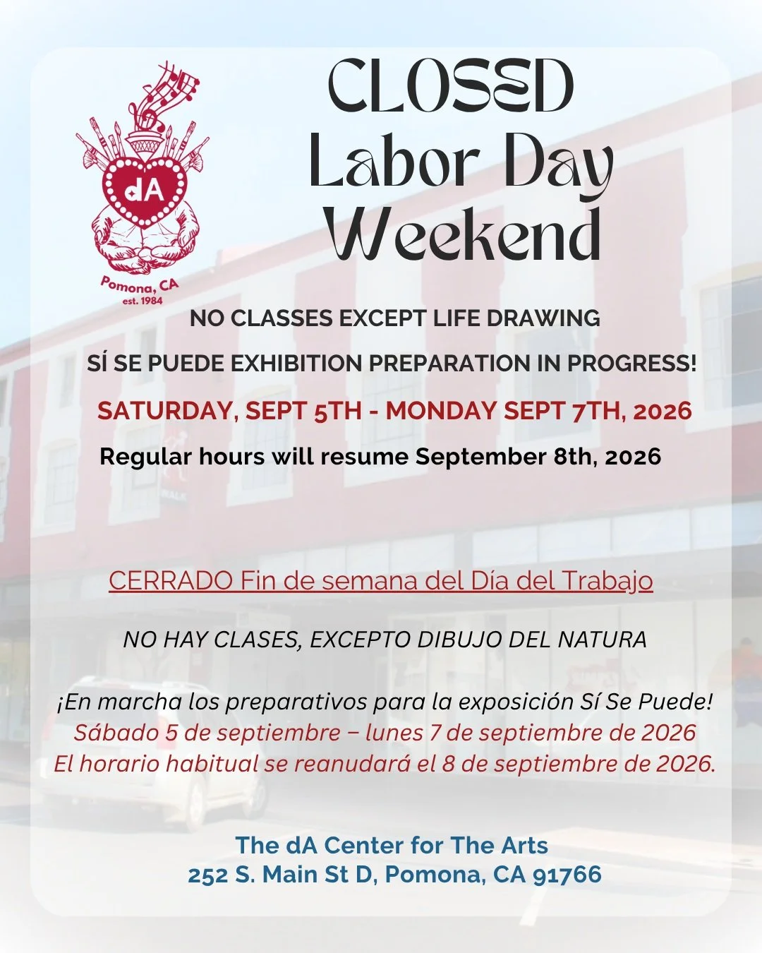 Friendly reminder from The dA for this weekend!
No classes EXCEPT for Life Drawing this weekend. Besides Life Drawing, we are only open for privately scheduled artwork drop offs.
We will resume to regular hours Tuesday September 8th!