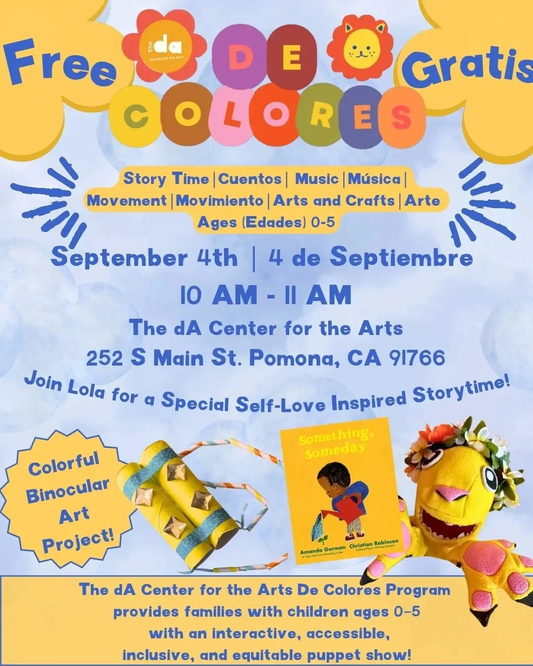 Join Lola FRIDAY, September 4th for De Colores Fridays at The dA Center for the Arts!

Bring all your friends for some joyful and exciting music, storytime, and art-making.

This week we will be creating Colorful Binoculars!

Hope to see you there!

