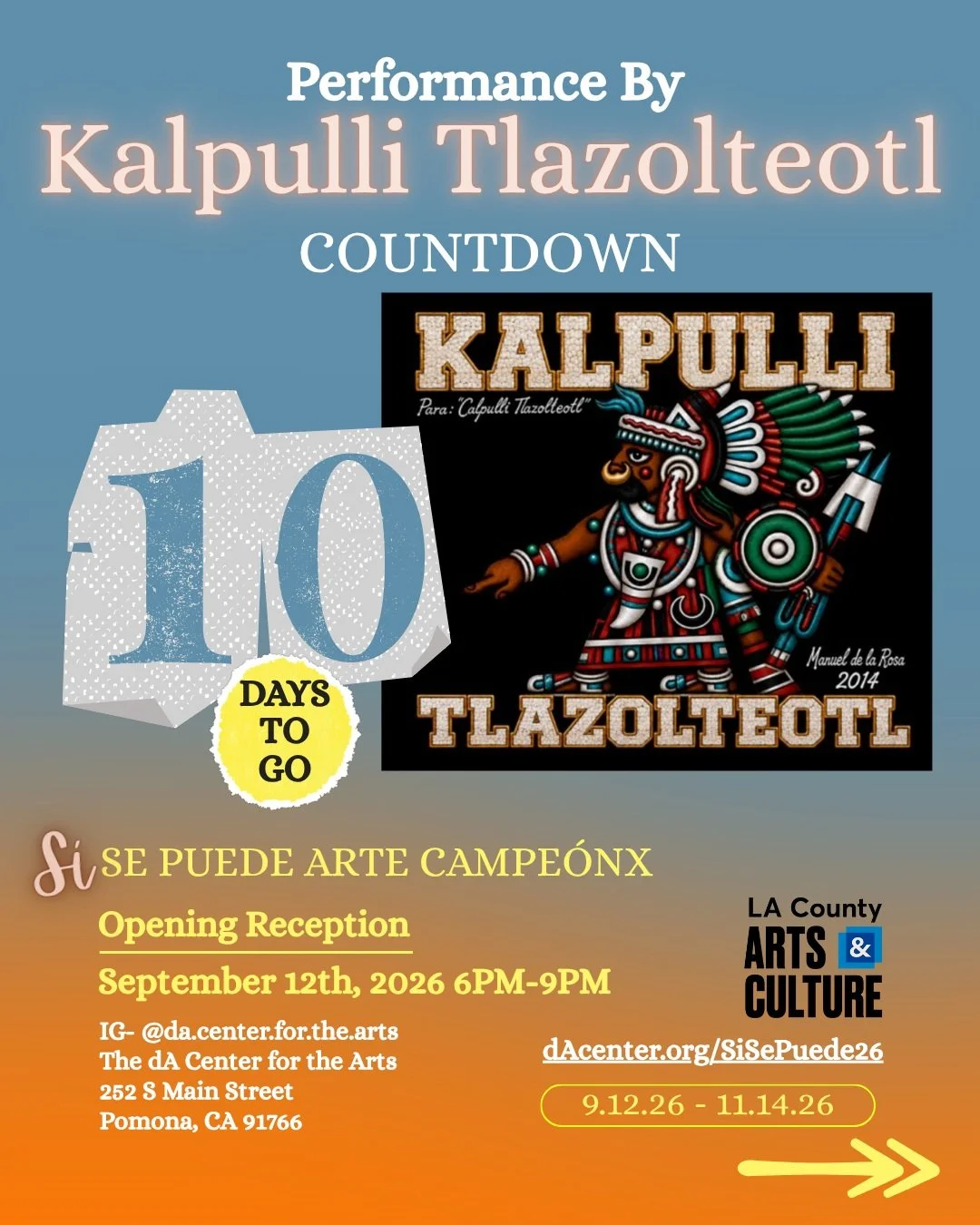 &iexcl;10 D&Iacute;AS RESTANTES para nuestra recepci&oacute;n de apertura de Si Se Puede!

10 DAYS TO GO for our Opening Reception for Si Se Puede! 

Featuring a Performance by @kalpullitlazolteotl

S&Iacute; Se Puede Arte Campe&oacute;nx Exhibition
