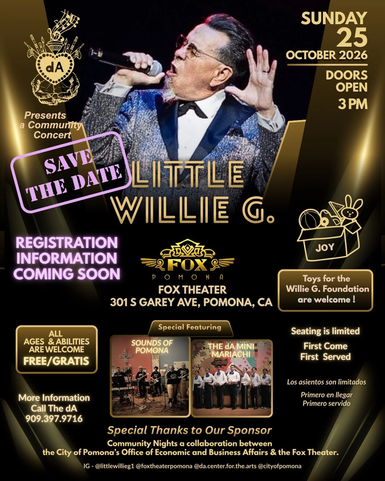There is nothing like music to show love and bring community together ! 

Please save the date and stay tuned to for how to REGISTER for free tickets to attend this Community Concert collaboration between the City of Pomona&rsquo;s Office of Economic