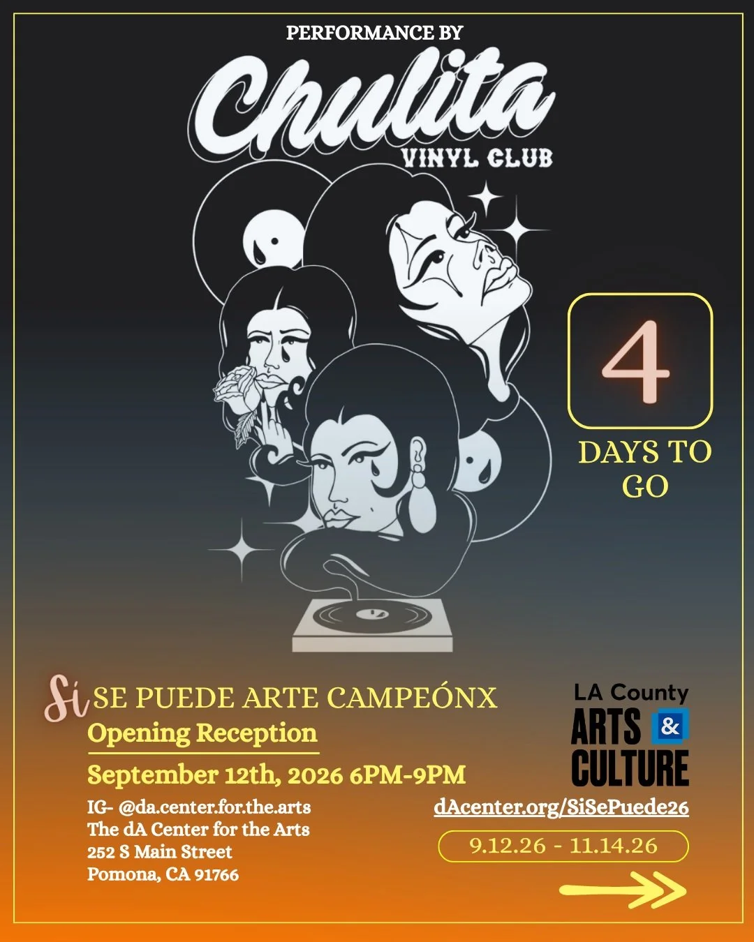 JUST FOUR DAYS TO GO!! 

Si Se Puede opens September 12th with Featured Peformer @chulitavinylclub !

Stop by for the opening reception during the Pomona Artwalk! 

S&Iacute; Se Puede Arte Campe&oacute;nx Exhibition
Latinx Chicanx; Featuring art cham