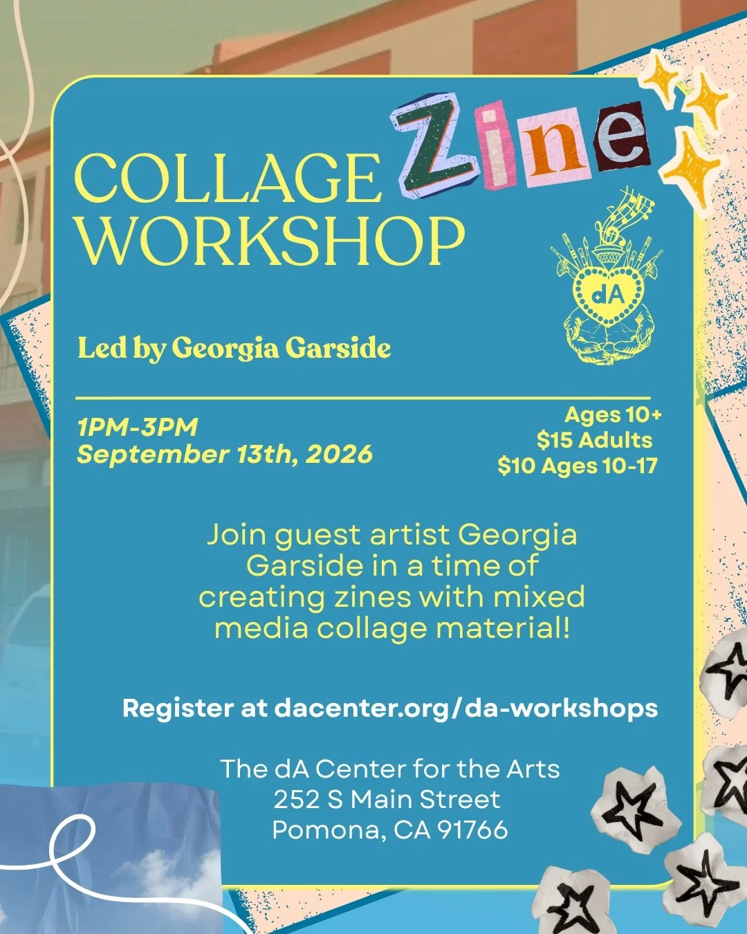 Looking to fill your Sunday with creativity?
Check out our upcoming workshops!
To reserve your workshop spot, visit us at dacenter.org/da-workshops 

-September 13th, 2026&hellip;Collage Zine Workshop 
1PM-3PM / AGES 10+ / $15 Adults - $10 Ages 10-17