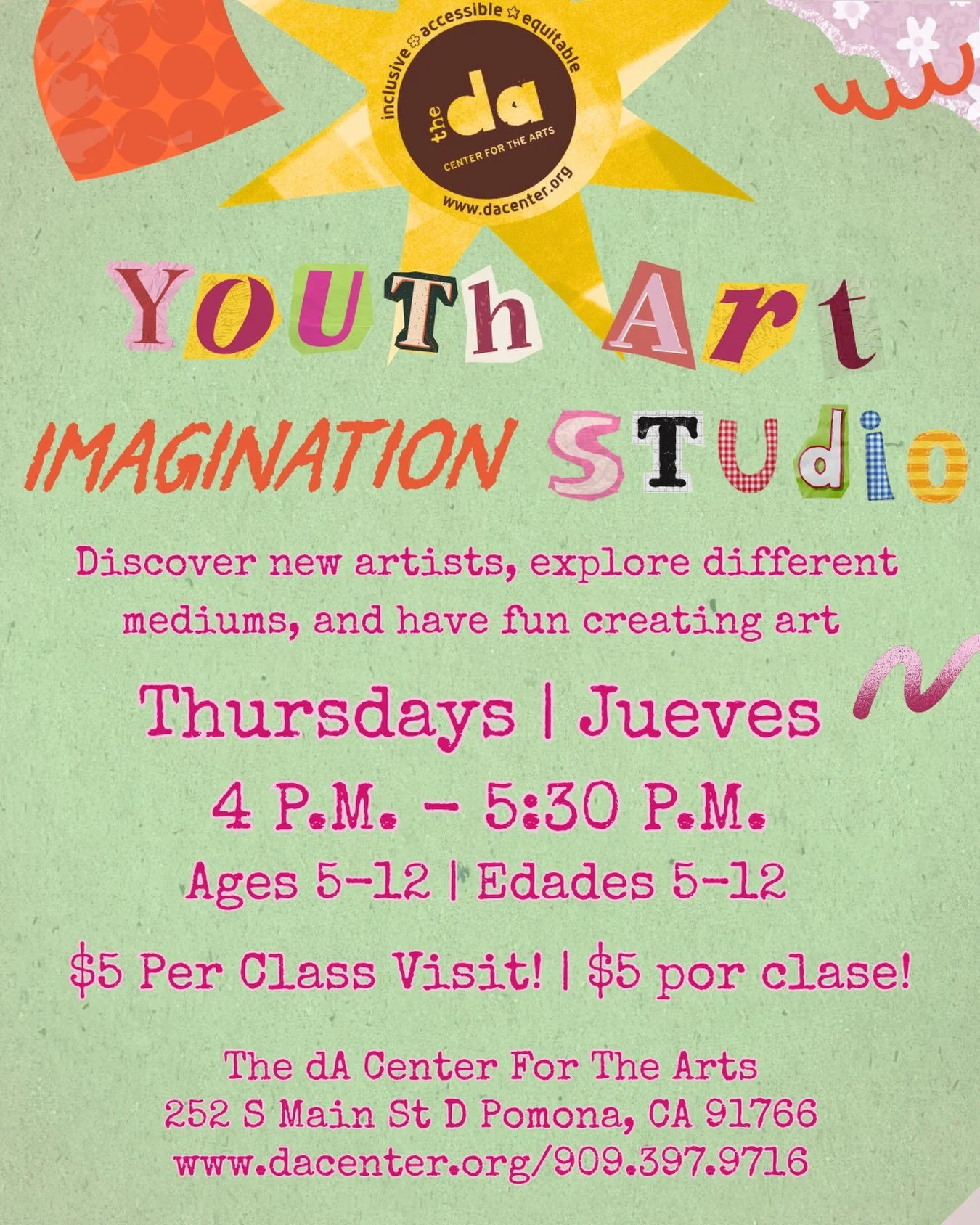 The dA Drop in Imagination Studio for youth ages 5 - 12 makes Thursdays a great way to take a break and create!!! Students explore playful and innovative art projects with local artist in our studios! All materials are provide and you can enjoy a tak