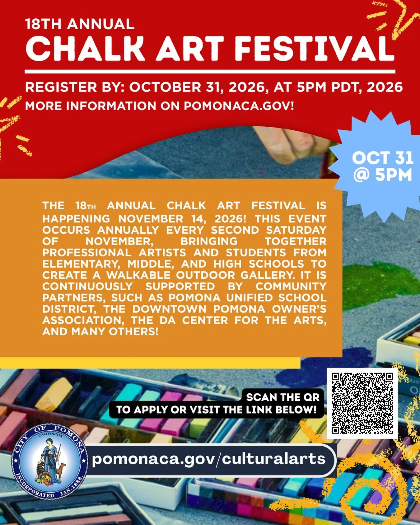 CALLING ALL CHALK ART ENTHUSIASTS 🗣️🗣️

Pomona&rsquo;s very own Chalk Art Festival will be happening November 14th, 2026! (Rainy day date: November 21) 

Find out this year&rsquo;s theme through the link above!
ALL AGES CAN PARTICIPATE! ✨

Interest