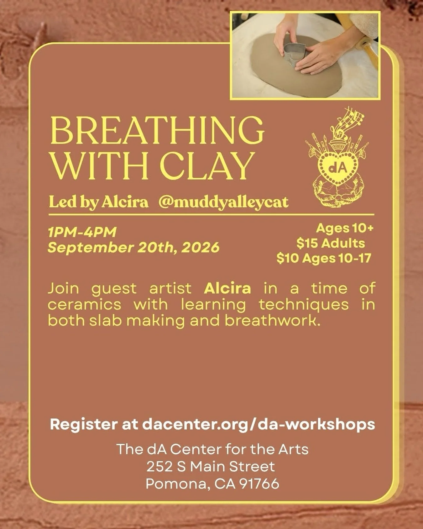 Hi all! Join guest artist Alcira @muddyalleycat TOMORROW for a Breathing With Clay workshop. Come in for a time of ceramics with learning techniques in both slab making and breathwork!

Date: September 20th, 2026
Time: 1-4PM 
Ages 10+ 
$15 for adults