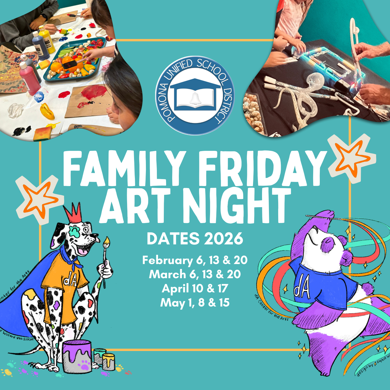 A promotional poster for Family Friday Art Night 2026. The event dates are listed as February 6, 13 & 20; March 6, 13 & 20; April 10 & 17; and May 1, 8 & 15.