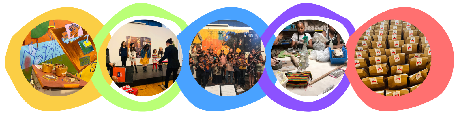 A collage of images showing different activities: art supplies and paintings, children at an art gallery, children in a music class playing violins, children at a craft workshop, and neatly packed products with labels.