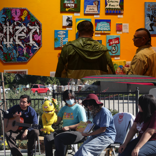 The image shows two scenes: the top scene features two men looking at colorful artwork or posters on a yellow wall, and the bottom scene shows a group of people sitting outdoors, including a person dressed as a yellow character with a large head, reading or holding a book, with other individuals nearby, some wearing face masks.
