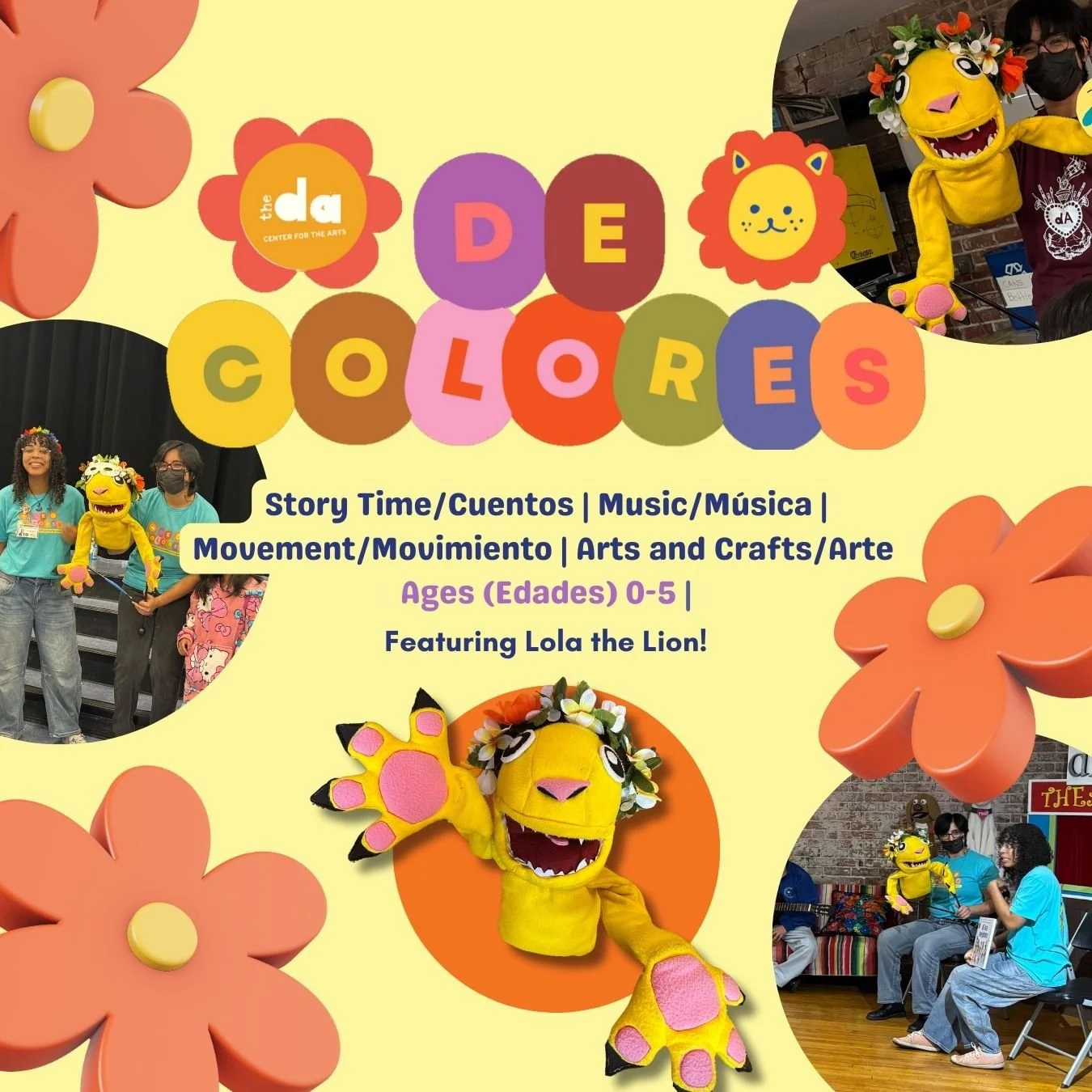 Flyer for De Colores, featuring pictures of the program and a pastel color palette