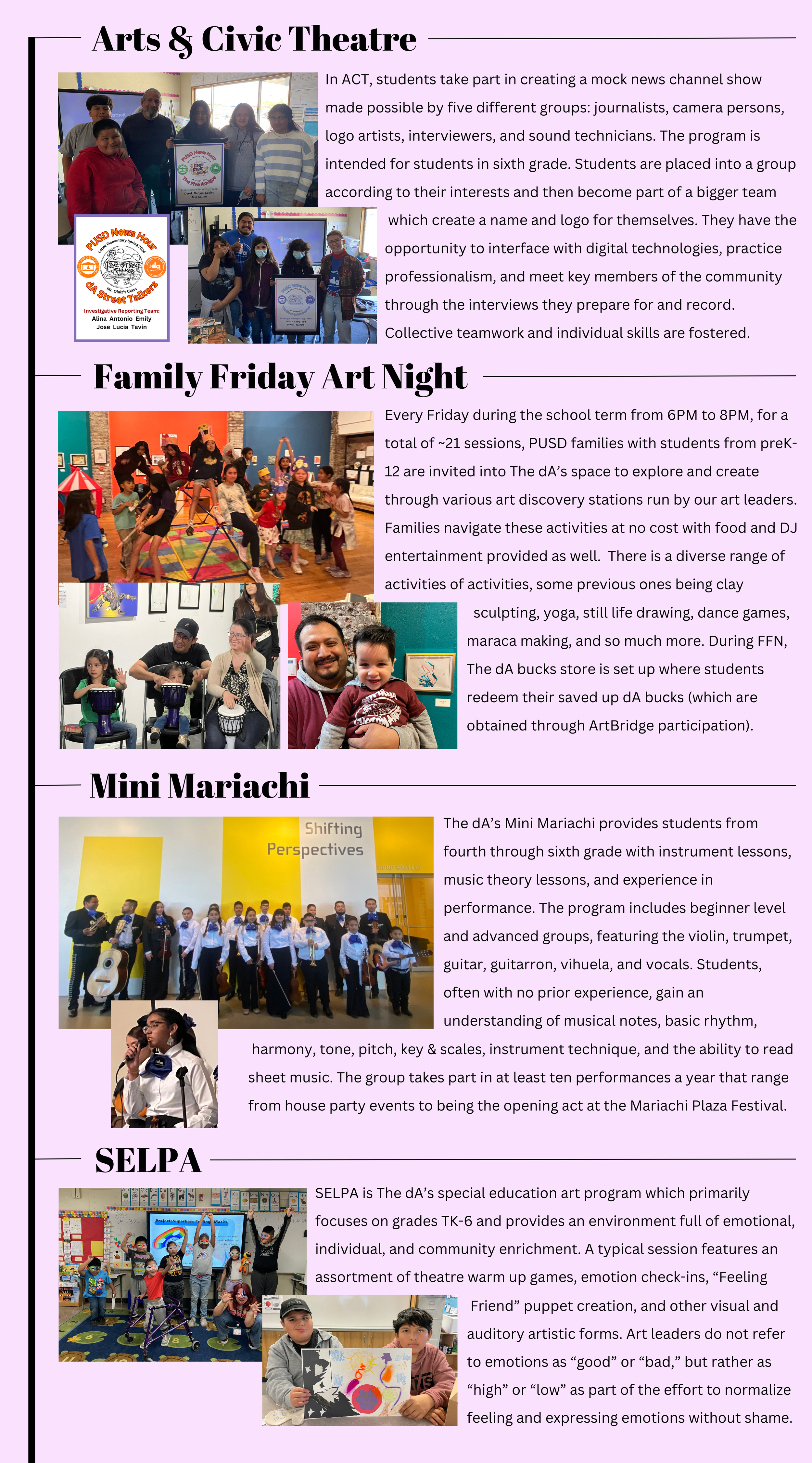 A page about Arts & Civic Theatre, Family Friday Art Night, Mini Mariachi, and SELPA programs at a school. It features photos of students participating in various activities, including creating a news show, art exploration, music performances, and emotional expression exercises.