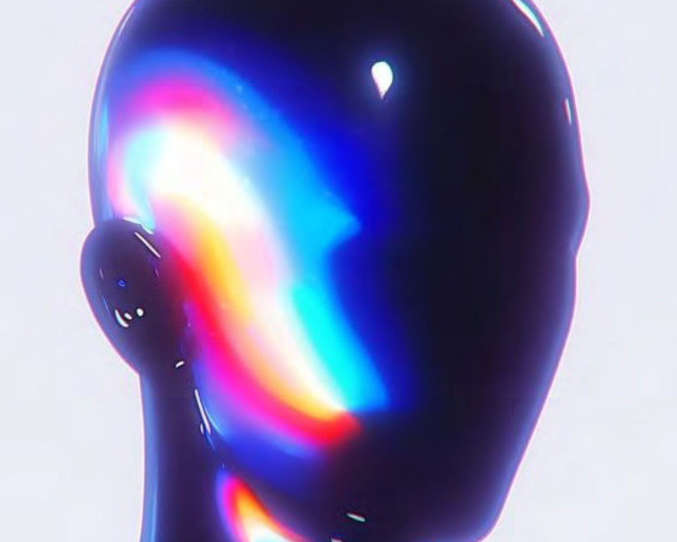 Abstract profile of a mannequin head with iridescent light reflections.
