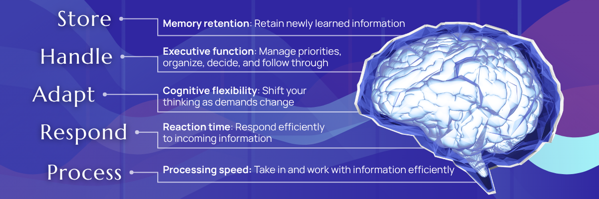 Diagram illustrating five cognitive performance areas: Store, Hold, Adapt, Respond, and Process.