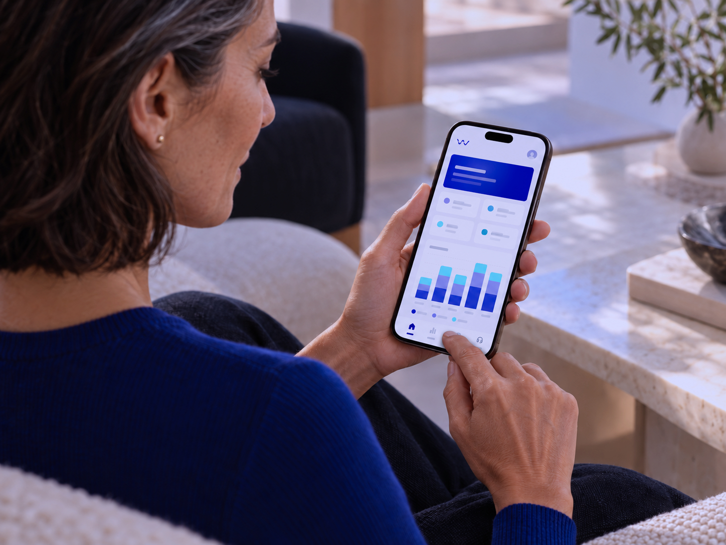Woman using the Wavium app to establish a personal cognitive wellness baseline.