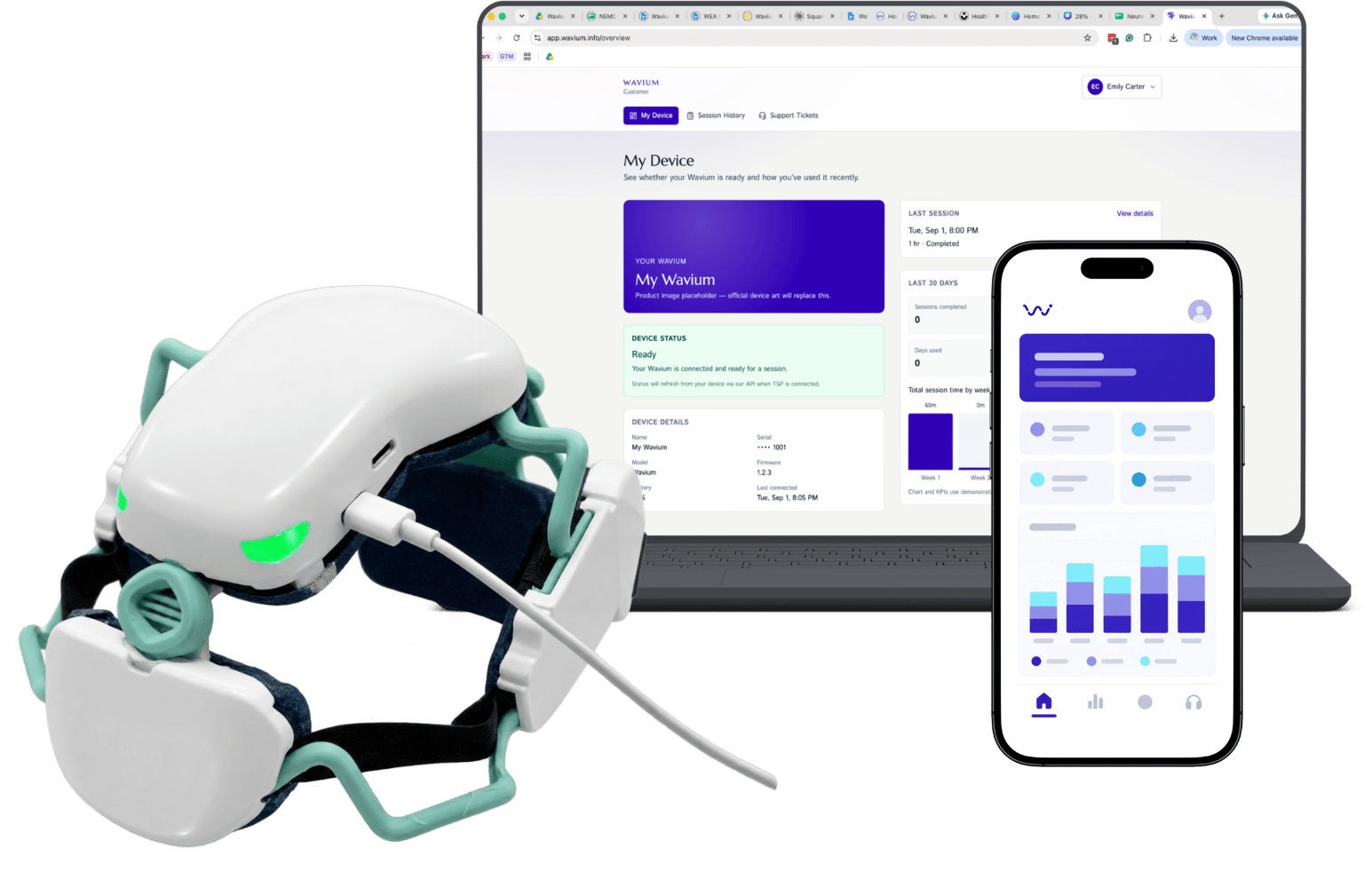 Illustration of the pre-release Wavium cognitive wellness headset shown alongside connected digital interfaces; final appearance, materials, features, and specifications may change.
