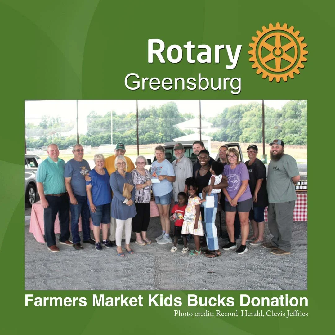 Farmers Market on Green River manager Patsy Bishop recently accepted a $1,000 check from Greensburg Rotary Club President Gaye McCubbin to be used for the Kids Bucks Program. Pictured from left, Greensburg Rotarians Randy Sprowles, Bobby Scott, Susan