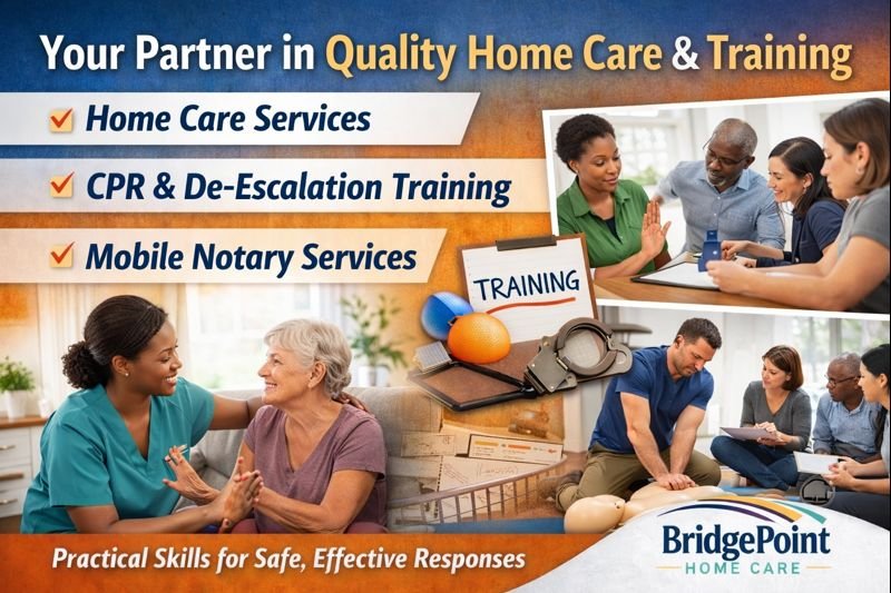 BridgePoint Home Care services graphic showing home care support, CPR and de escalation training, and notary services in North Carolina, with caregivers assisting a senior, a CPR training scene, and a notary public appointment.