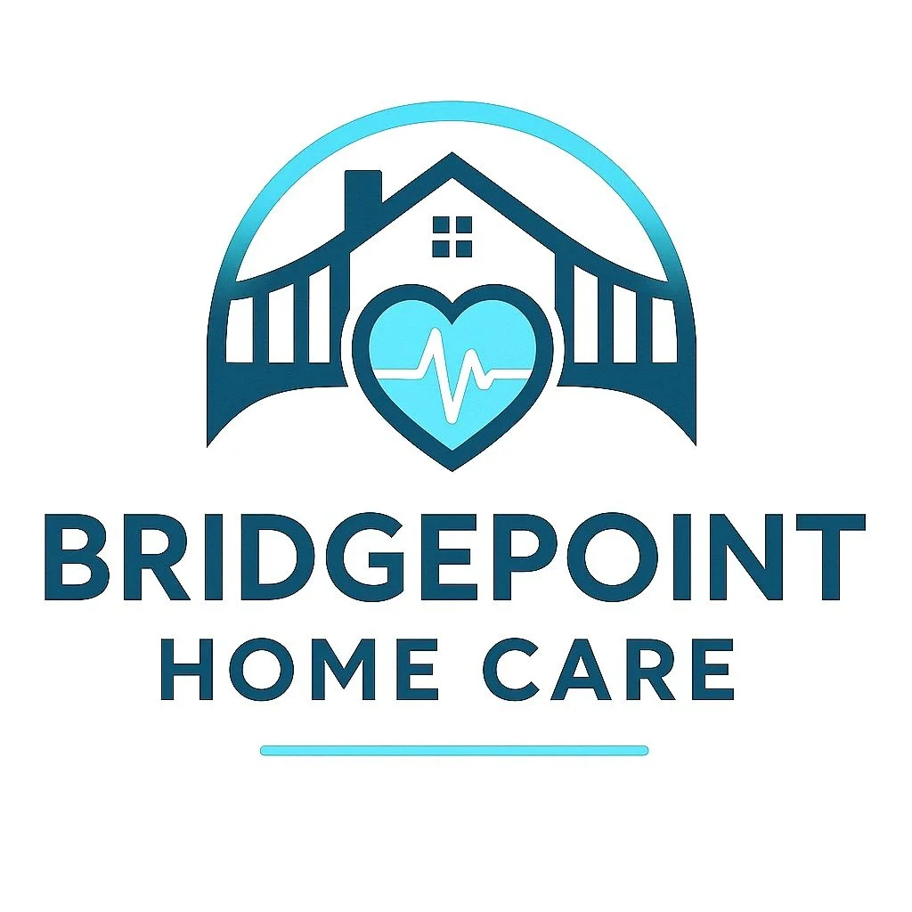 Logo for BridgePoint Home Care featuring a house with a heart and heartbeat line, with the text "BRIDGEPOINT HOME CARE" beneath it.